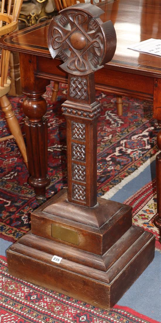 A Victorian Arts & Crafts carved oak celtic cross presented to Earl and Countess Fitzwilliam